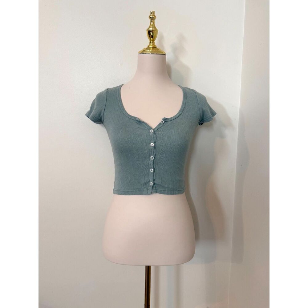 Brandy Melville Sage Green Pointelle Zelly Button Front Crop Top